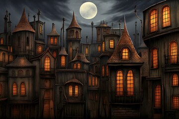 Halloween background with haunted castle and full moon,  Fantasy illustration