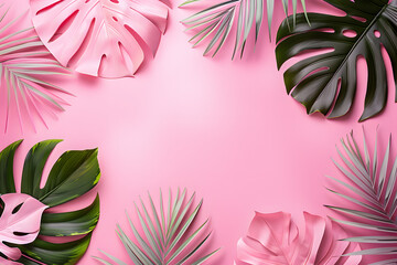 Philodendron tropical leaves on coral color background minimal summer - obrazy, fototapety, plakaty