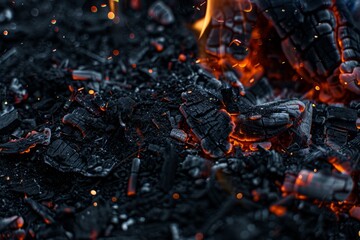 Floating ashes and glowing embers after fire, close up