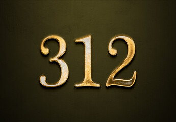 Old gold effect of 312 number with 3D glossy style Mockup.	