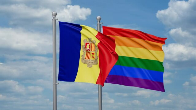 LGBT movement flag also Gay Pride and Andorra two flags waving cycle looped video, tolerance conception in country
