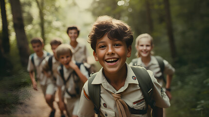 Boy Scout students wearing scout uniforms and backpacks in camp. - obrazy, fototapety, plakaty