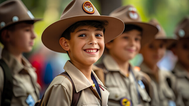Boy Scout students wearing scout uniforms and backpacks in camp.