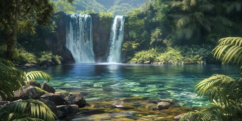 A tranquil scene with twin waterfalls cascading into a clear, serene pool surrounded by lush tropical vegetation