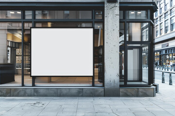 Blank billboard on a modern building exterior, white template for ads on a street facade, urban concept. Generative AI