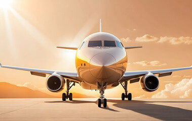 Commercial jet plane with sun background