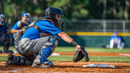 A catcher and umpire in action during a baseball game, focused on the man in catching gear, on a sunny day, Generative AI.