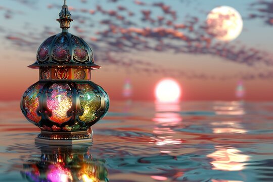 Arabic lanterns on the sea at sunset,   render