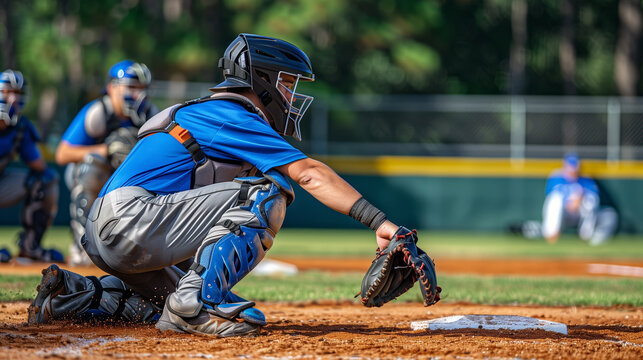 A catcher and umpire in action during a baseball game, focused on the man in catching gear, on a sunny day, Generative AI.