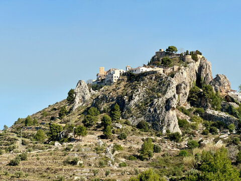 Panoramic view of Guadalest Castle in Alicante, Spain. A medieval village on the top of a hill.