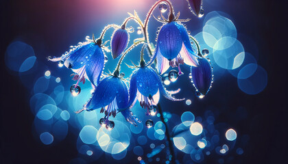 A delicate blue bell-shaped flowers with elegant stamens hanging down, covered in sparkling water droplets