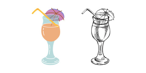 Cute hand drawn cocktail with straw and umbrella. Flat and outline black vector illustration of cocktail in glass. Doodle drawing.