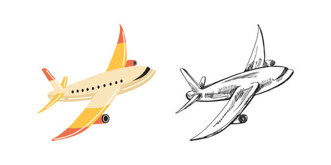Cute hand drawn flying plane. Flat and outline black vector illustration isolated on white background. Doodle drawing.