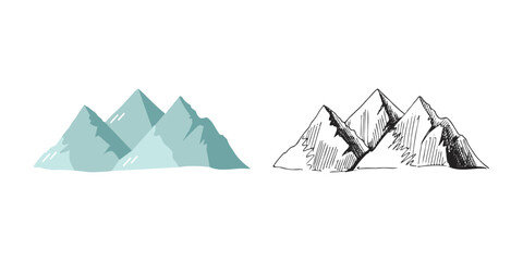 Cute hand drawn mountains. Flat and outline black vector illustration isolated on white background. Doodle drawing.