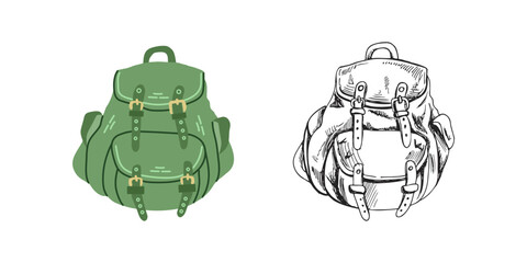 Cute hand drawn camping backpack. Flat and outline black vector illustration isolated on white background. Doodle drawing.