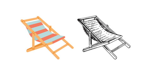 Cute hand drawn beach chair. Flat and outline black vector illustration isolated on white background. Doodle drawing. - obrazy, fototapety, plakaty