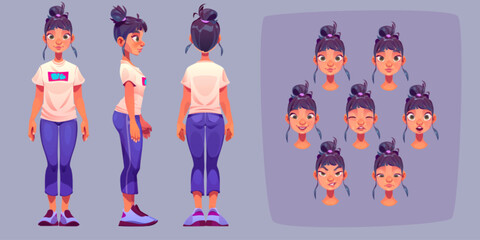 Obraz premium Woman character body cartoon design vector set. Female person side, front and back view creation isolated pack. Emotion expression with smile, surprised and sad face model animation constructor