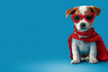Energetic puppy in superhero costume playfully flying against a vivid blue background