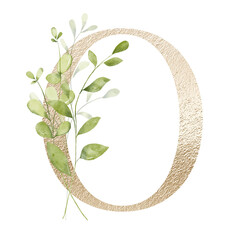 Gold letter O with watercolor leaves, leaf. Floral alphabet, golden monogram initial perfectly for birthday, wedding invitations, greeting card, logo, poster and other design. Hand painting.