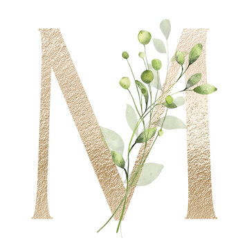 Gold letter M with watercolor leaves, leaf. Floral alphabet, golden monogram initial perfectly for birthday, wedding invitations, greeting card, logo, poster and other design. Hand painting.