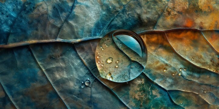 Macro photography of a water droplet on an autumn leaf, exemplifying the beauty of seasonal change