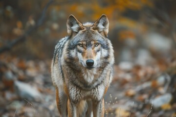 Grey wolf (Canis lupus) in the autumn forest