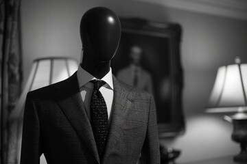A mannequin wears an intricately tailored dress. Reflecting timeless elegance and sophistication.
