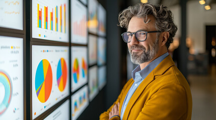 A businessman reviewing colorful charts and graphs on monitor screens in an office setting, symbolizing data analysis. Generative AI