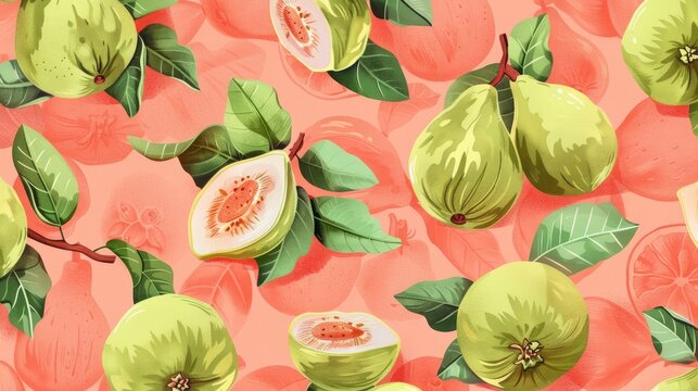 Ripe guava shapes tessellate in mosaic artistry creating exotic pattern bursting forth on coral pink canvas with textural flair.