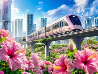 modern train on railway in city, pink hibiscus flowers in full bloom.