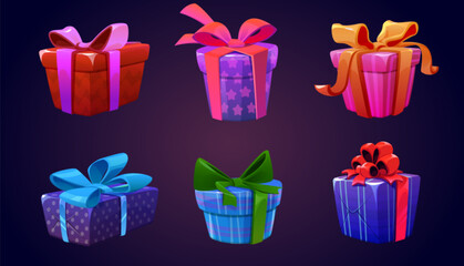 Game gift box icon. Ui birthday present cartoon vector. Bonus package with ribbon. Mystery closed reward set with treasure. Isolated 2d lottery giftbox with bow for xmas celebration interface design. - obrazy, fototapety, plakaty