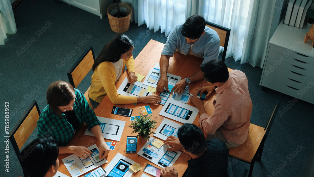 Poster top view of developer team designing ux ui design for phone interface or planning for making digital