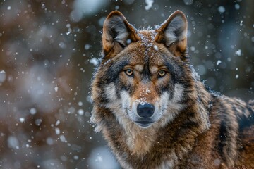 Close-up portrait of a wolf in the snowy forest in winter - obrazy, fototapety, plakaty