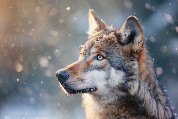 Portrait of a wolf in the winter forest,  Close-up