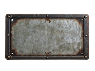 Blank rusted metal plate on a transparent background. PNG image of a blank metal signboard covered in rust.