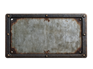 Blank rusted metal plate on a transparent background. PNG image of a blank metal signboard covered in rust.
