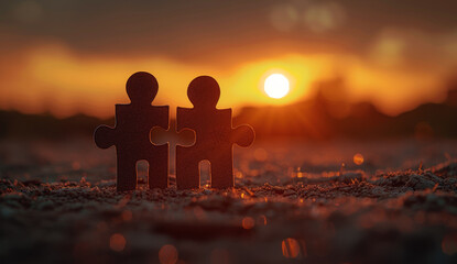 Two puzzle pieces standing together at sunset, real-life style, on a stone surface, illustrating the concept of connection. Generative AI