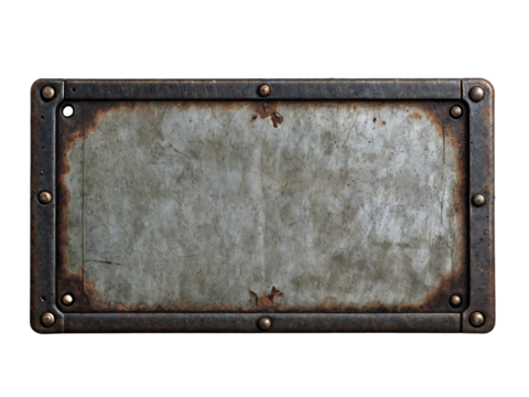 Blank rusted metal plate on a transparent background. PNG image of a blank metal signboard covered in rust.