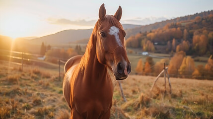 A brown horse in a rural field during autumn, with a background of colorful trees under a sunset sky. Generative AI - obrazy, fototapety, plakaty