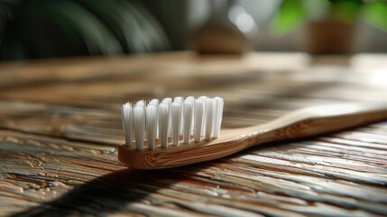 Close-up of a bamboo toothbrush on a natural wood surface, highlighting the biodegradable materials...