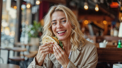 girl is holding doner kebab in her hand,shawarma, turkish doner
