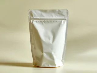 Rolgordijnen Blank white coffee bag packaging mockup on a beige background, with space to display a brand or design concept. Generative AI © ImageFlow
