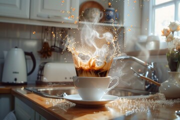 A cup of coffee in a kitchen, with levitating liquid and splash drops frozen in mid-air in a sunlit