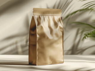 A blank craft paper coffee bag on a light background with tropical plant shadows, concept of packaging mockup. Generative AI