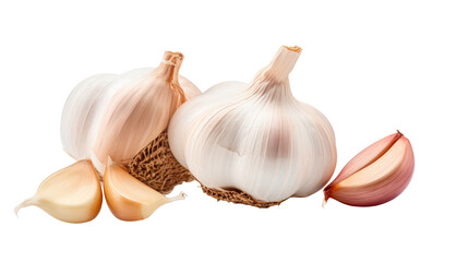 A fresh garlic head and clove segment isolated against a white background