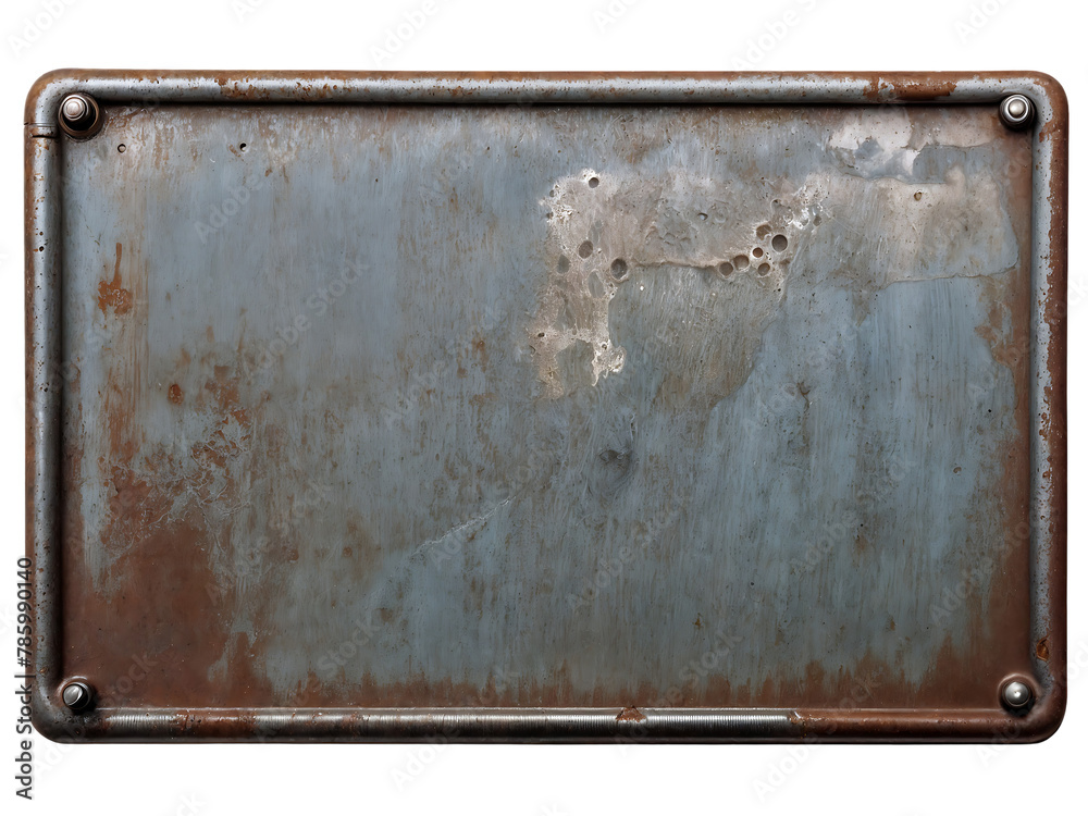 Wall mural blank rusted metal plate on a transparent background. png image of a blank metal signboard covered i