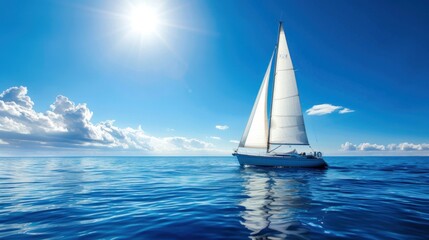 A sailboat gliding across calm blue waters under a clear summer sky