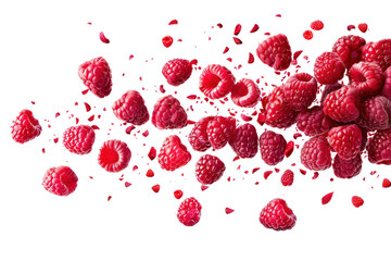 Whole and sliced raspberries in the air,
.isolated on white background