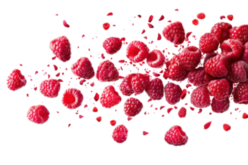 Whole and sliced raspberries in the air,
.isolated on white background