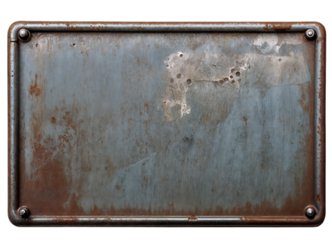 Blank rusted metal plate on a transparent background. PNG image of a blank metal signboard covered in rust.